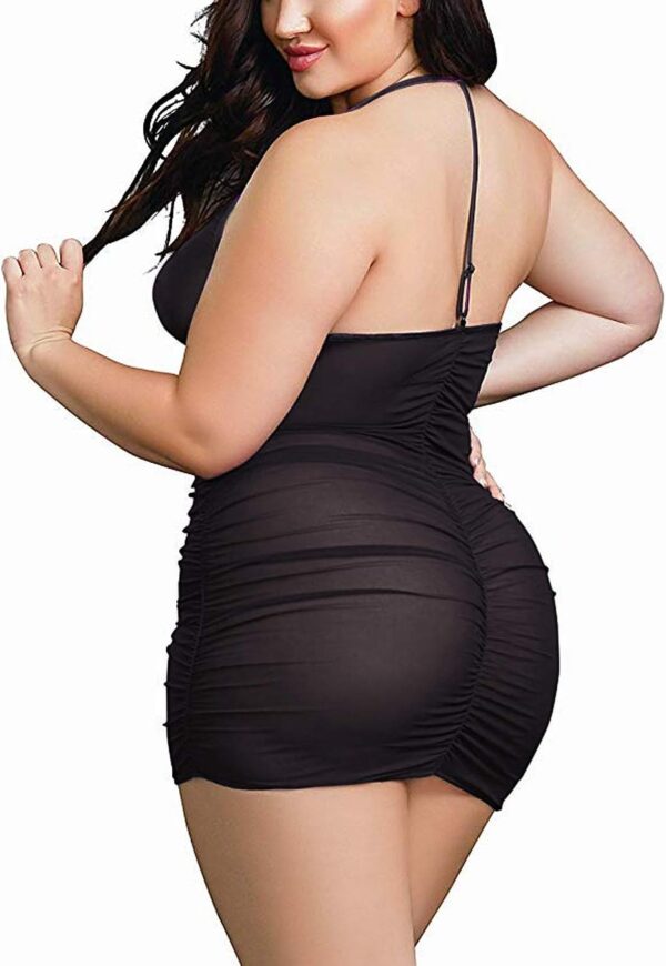Plus Size Sheer Stretch Mesh Babydoll Dress Zipper Shirring Halter Chemise Curvy Sexy Lingerie for Women - Image 3