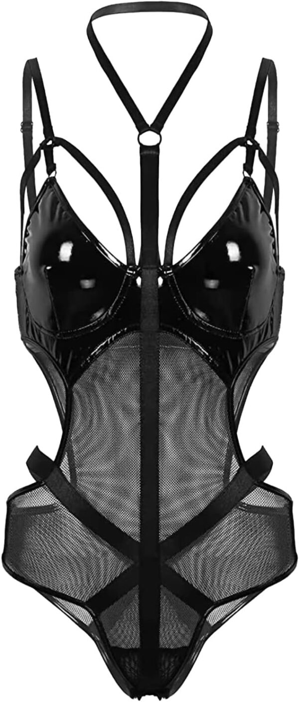 Women Wetlook Leather One Piece Lingerie Lace Teddy Corset Bodysuit Clubwear - Image 2