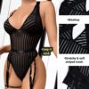Kaei&Shi Sexy Ribbed Top,Plunge V, Snap Crotch, Leg Strap, Backless 3Pc Bodysuit - Image 3