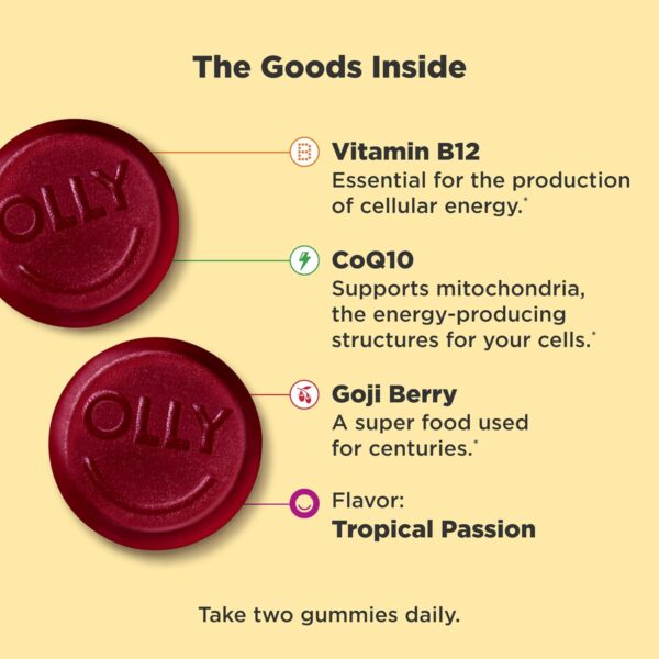 OLLY Daily Energy Gummy, Caffeine Free, Vitamin B12, CoQ10, Goji Berry, Adult Chewable Supplement, Tropical Flavor - 60 Count - Image 4