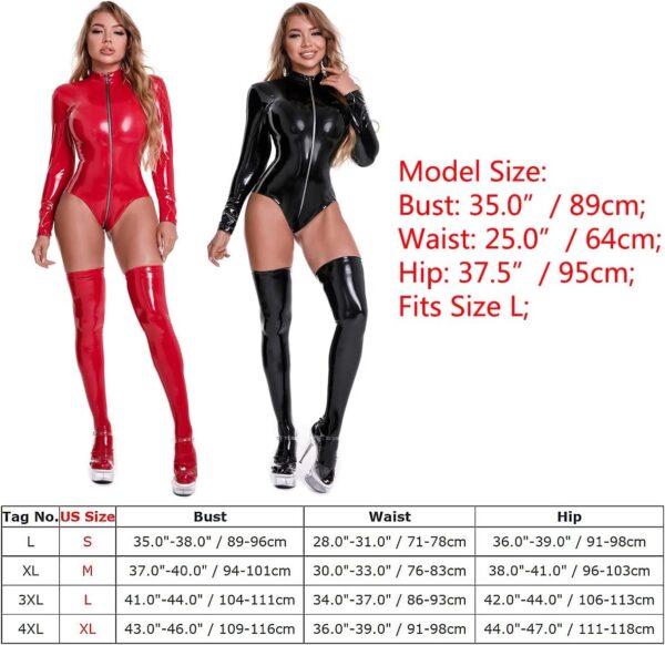 FYMNSI Women Latex Leather Glossy Wet-Look Tight Bodysuit Teddy Leotard Party Clubwear with Stockings - Image 7