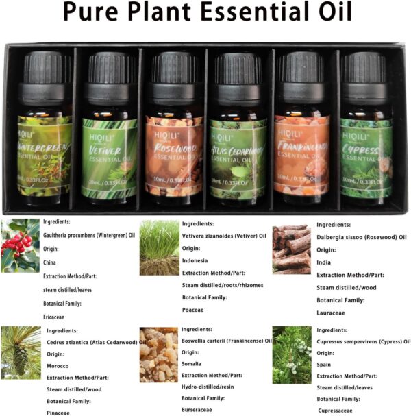 HIQILI 100% Pure Woodsy Essential Oil Set, 6x10ml, Cedarwood, Wintergreen, Frankincense, Vetiver, Rosewood, Cypress - Aromatherapy, Massage, Skin Beauty, Perfume, Gifts - Image 3