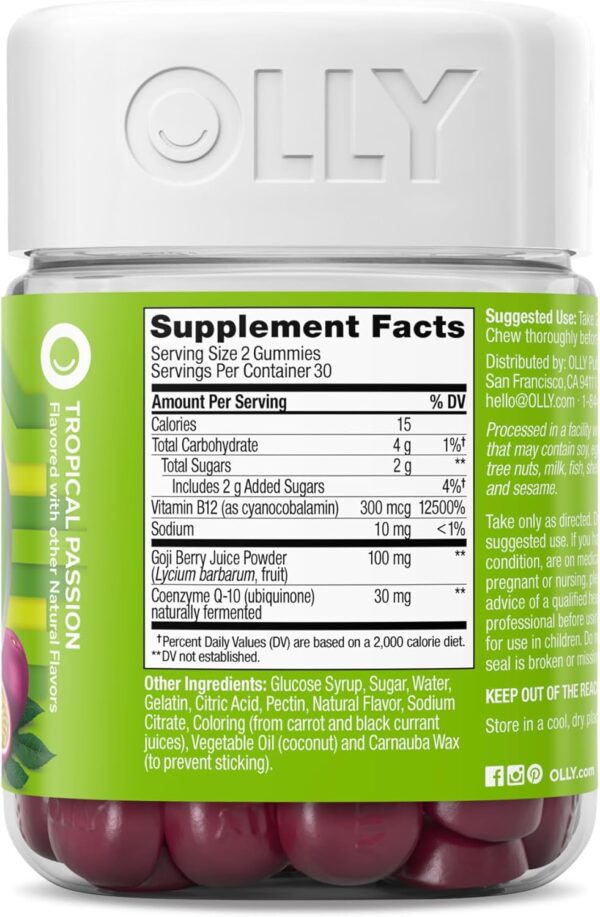 OLLY Daily Energy Gummy, Caffeine Free, Vitamin B12, CoQ10, Goji Berry, Adult Chewable Supplement, Tropical Flavor - 60 Count - Image 9